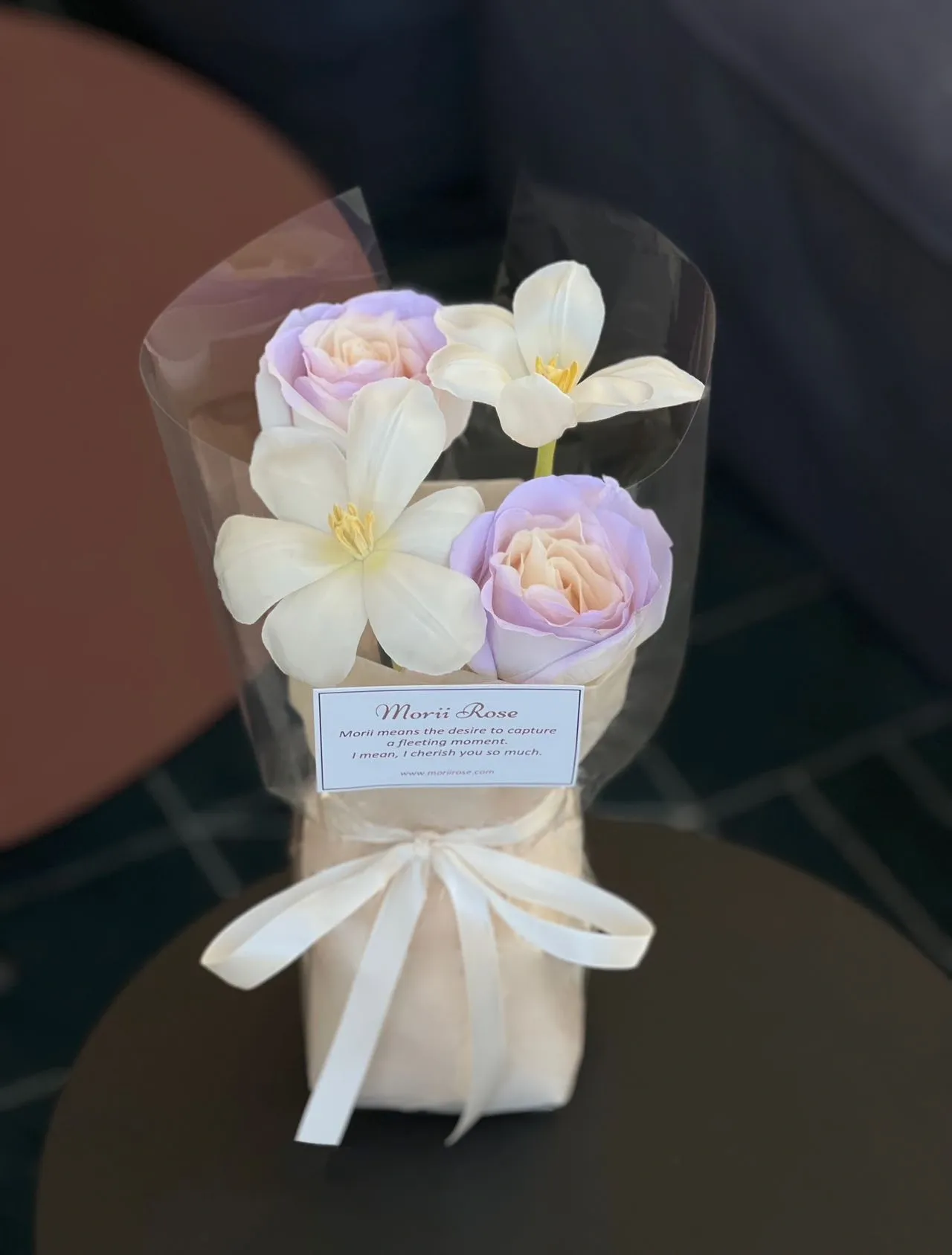 Gauzy violet Rose & White Tulips