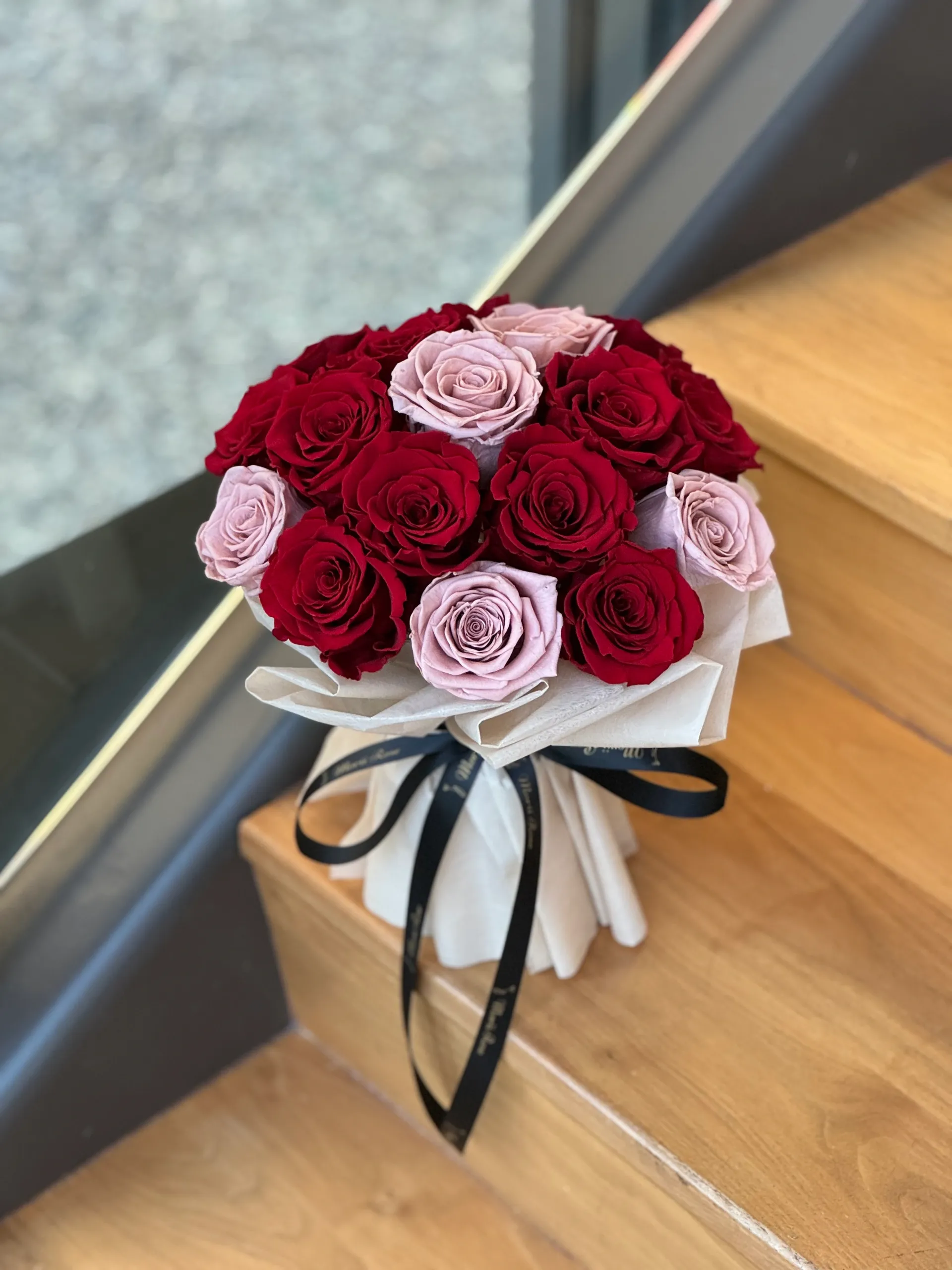 Cappuccino and Red Preserved Roses