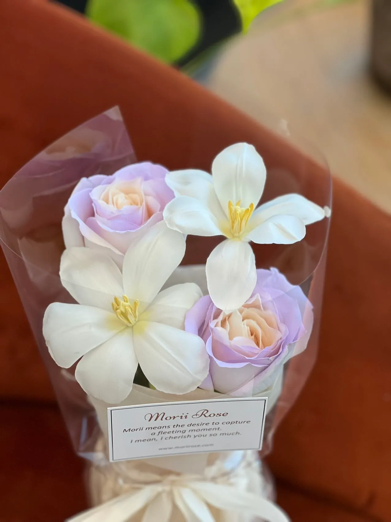 Gauzy violet Rose & White Tulips